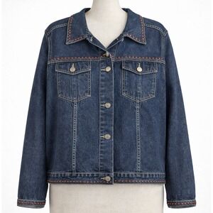 Vintage Spiegel Y2K Womens Studded Denim Jacket Size L Blue Red Trucker Festival